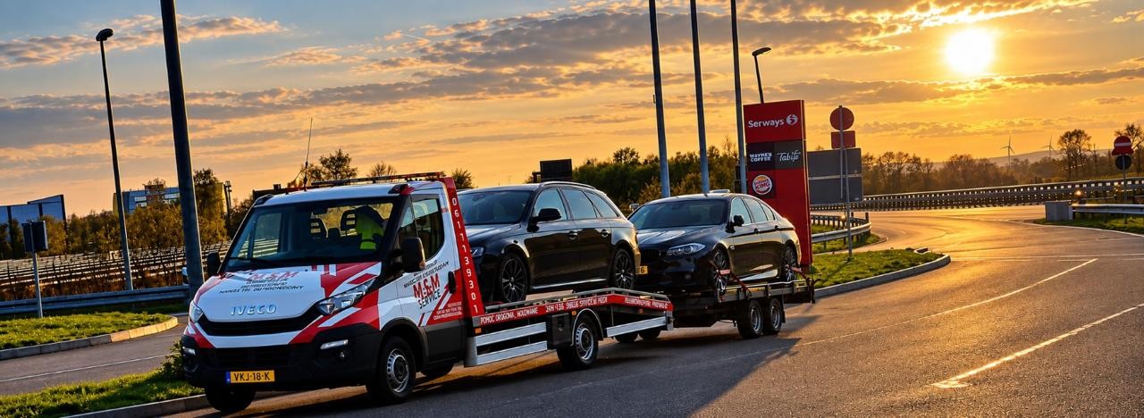 Twee auto's op de oplegger bij zonsondergang